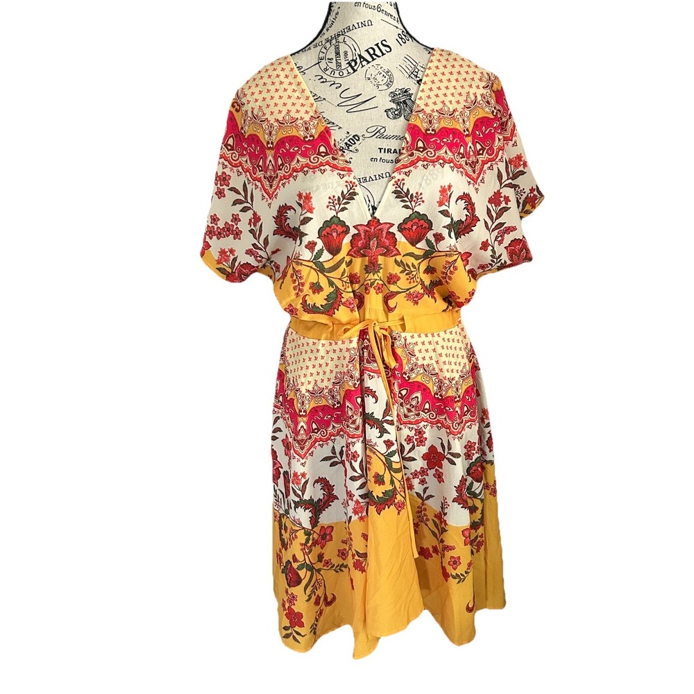 Women's Umgee Multicolor Floral Midi Dress Size S Smocked Waist V Neck Boho